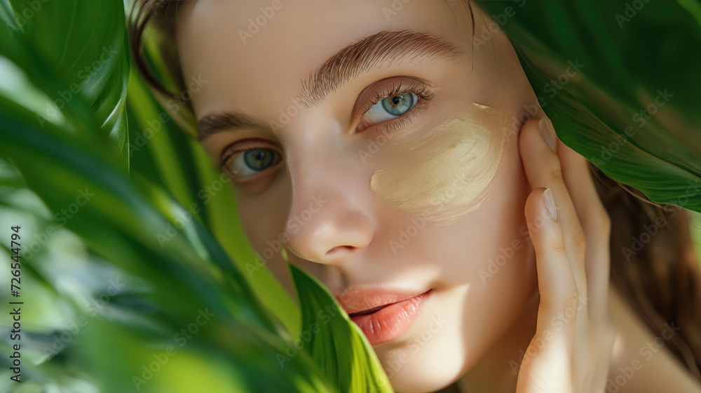 Captivating image of a woman's face surrounded by natural leaves, promoting anti-aging beauty and holistic wellness Captivating image of a woman's face surrounded by natural leaves, promoting anti-aging beauty and holistic wellness