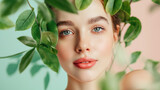 Captivating image of a woman's face surrounded by natural leaves, promoting anti-aging beauty and holistic wellness