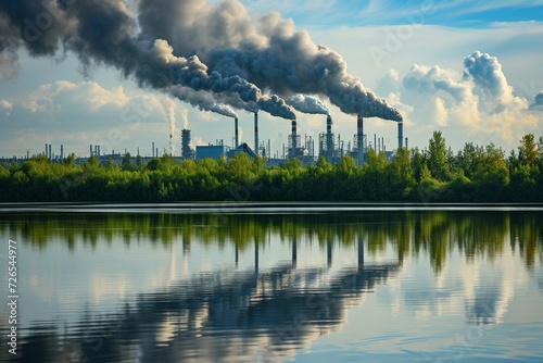 Eine Fabrik mit rauchenden Schornsteinen hinter einem See und einem Wald, Umweltverschmutzung 