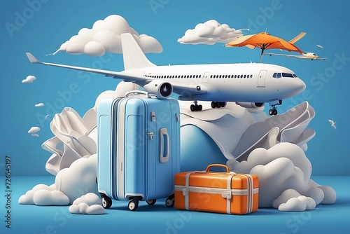 luggage or suitcase placed on water and on top of it is an umbrella there is plane in front and there was inflatable ball and blue lifebuoy placed next to it ,vector 3d for summer travel. 