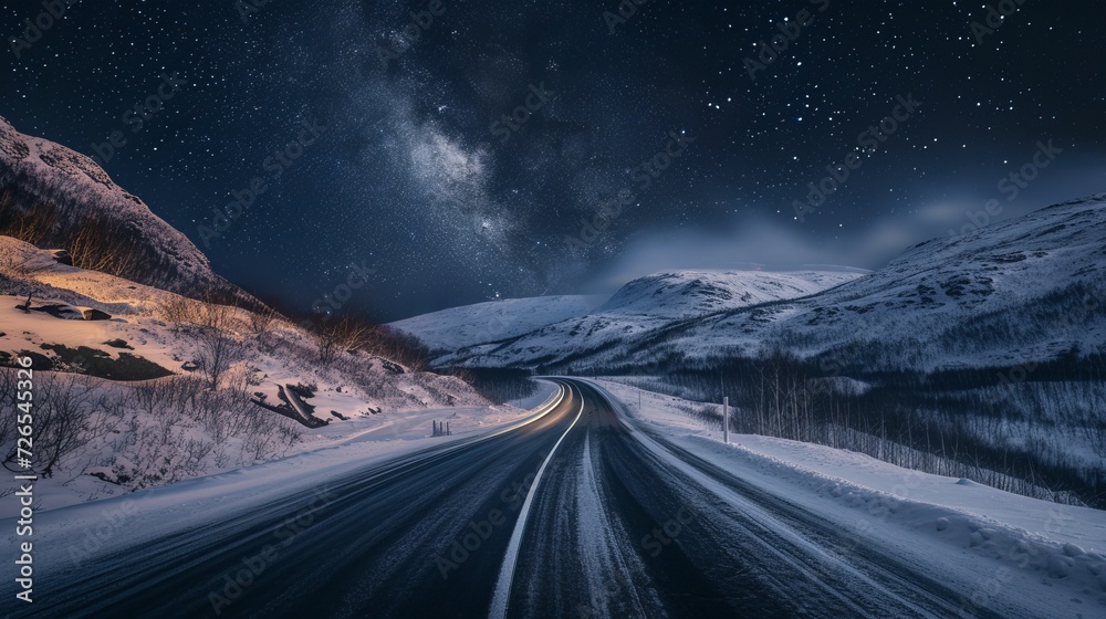 Scenic view of automobile driving on empty mountainous road in winter under night sky glowing stars of milky way in norway