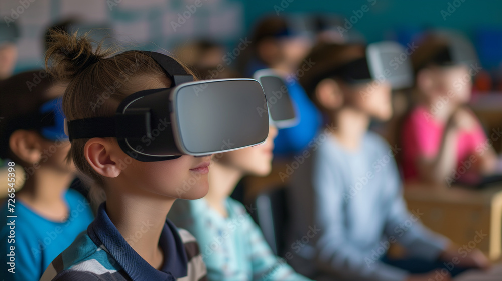 Virtual reality transforms the classroom for children. Engaged in immersive learning, they explore diverse environments, fostering curiosity and expanding educational horizons Virtual reality transforms the classroom for children. Engaged in immersive learning, they explore diverse environments, fostering curiosity and expanding educational horizons