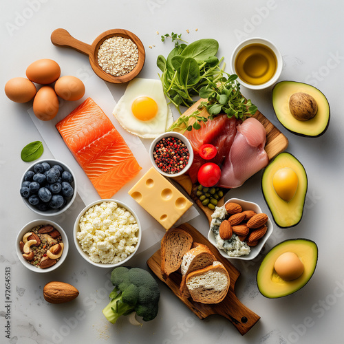 top view, light background, 10 foods on meal plan for Keto meal plan for lunch