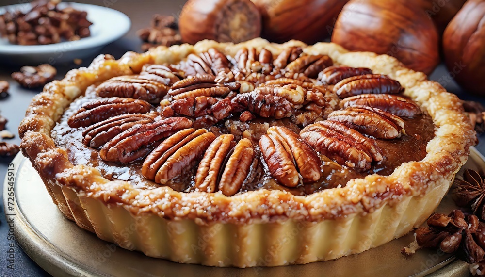 Close up Photo of Fresh Pecan PIE with Pecans in background Close up Photo of Fresh Pecan PIE with Pecans in background