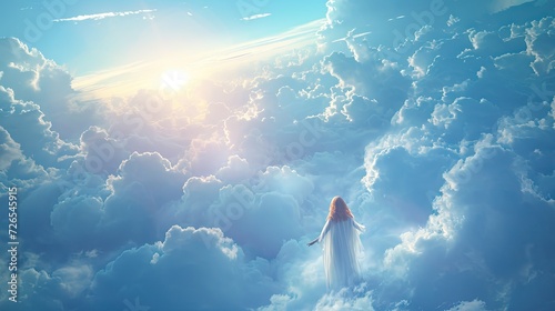Mystical image of woman in white dress against blue sky with clouds