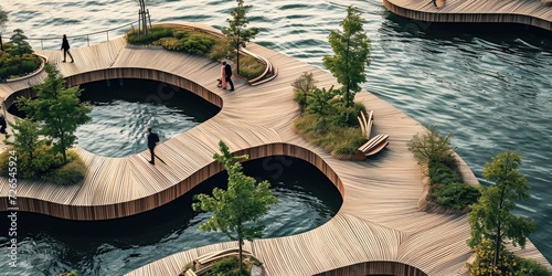 Modern wooden waterfront concept, organic shapes, biodegradable materials, trees and benches photo