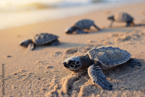 Dawning of Life, Young Sea Turtle Making Its Way at Sunrise on Sandy Shore