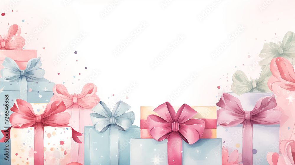 frame with place for text, light pink background, watercolor drawing gifts balloons cupcakes frame with place for text, light pink background, watercolor drawing gifts balloons cupcakes