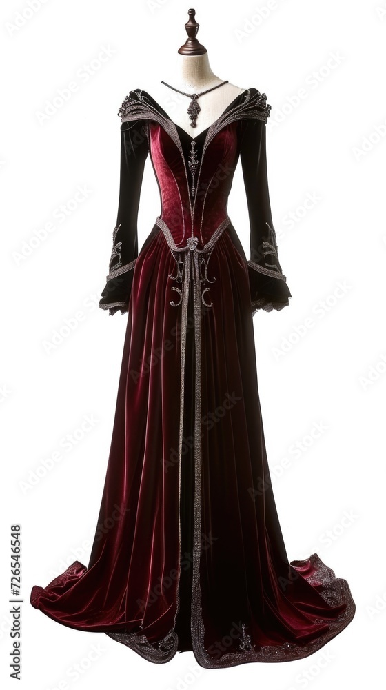 A red and black dress on a mannequin dummy, victorian dress design on white background.
