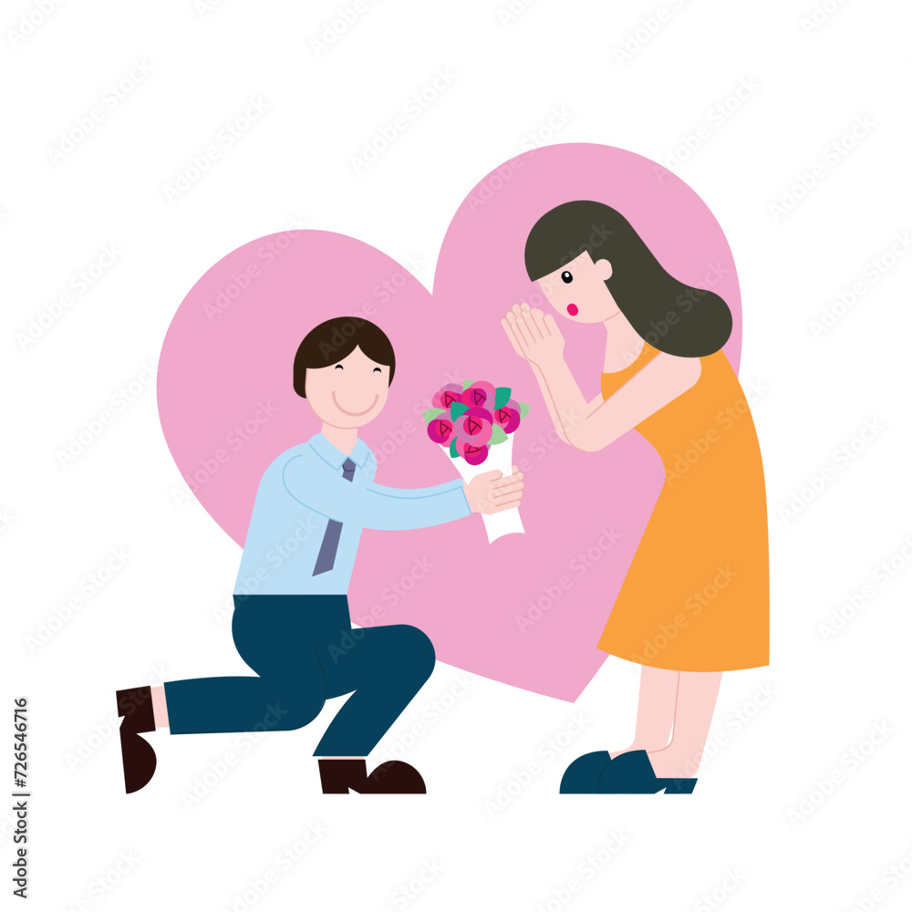 A man kneeling and giving the flower bouquet for a woman with love. A man kneeling and giving the flower bouquet for a woman with love.
