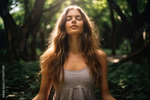 Girl with long hair closed her eyes and basking in the sun,Woman doing yoga or meditating in forest or park enjoying spring or summer sun.