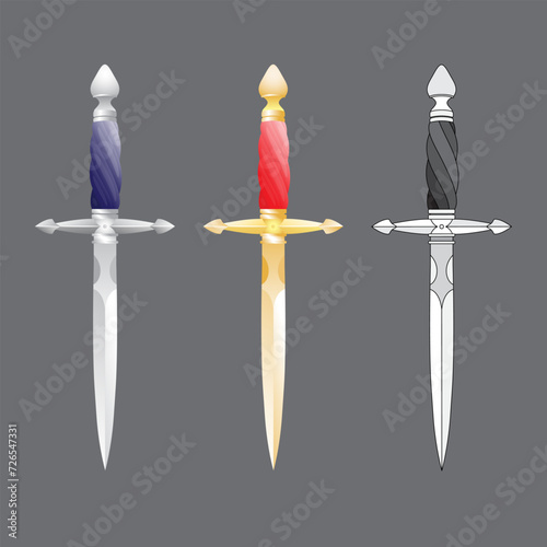 Realistic silver, gold, stylized black and white daggers. Set of isolated vector illustrations