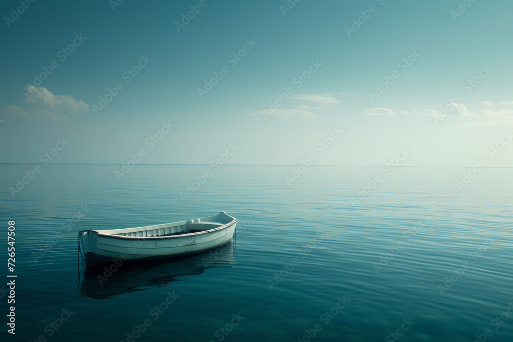 Naklejka premium Lone White Boat on Vast Calm Sea 