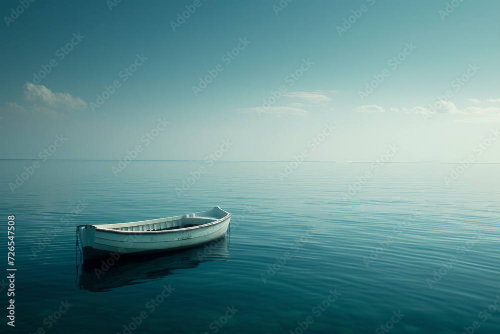 Lone White Boat on Vast Calm Sea
