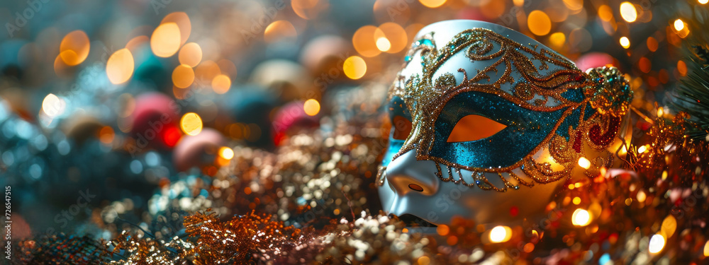 Mardi Gras mask lying on the ground with confetti