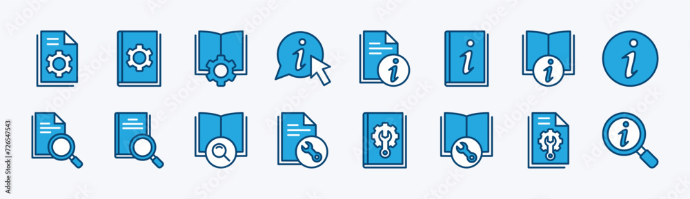 Manual instruction book icon set. User guide book icons. Containing information, guide, reference, help and support. Vector illustration - obrazy, fototapety, plakaty 