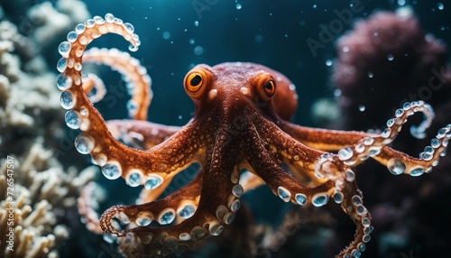 Octopus. A big octopus with tentacles. Sea life. Selective focus. AI generated