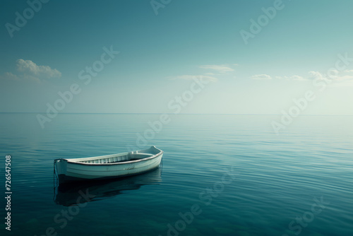 Lone White Boat on Vast Calm Sea 