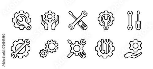 Tools and Service icon set. Containing wrench, screwdriver, spanner and gear icon symbol for repair, settings, maintenance, installation, technical. Vector illustration photo