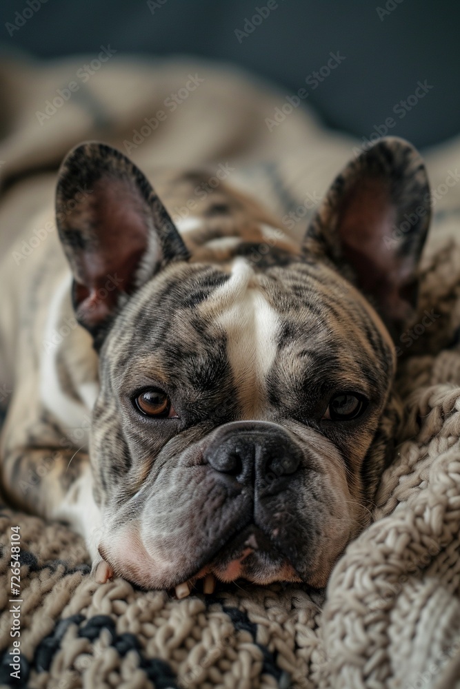 Eine Bulldogge auf einer kuscheligen Decke auf dem Sofa