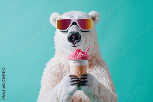 A stylish polar bear enjoys a sunny day at the beach, sporting cool sunglasses and holding a refreshing cup of ice cream while surrounded by playful toys and fluffy fur