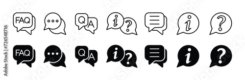 FAQ thin line icon set. Frequently asked questions icon. Help, message, speech bubble, Q and A, question and answer, and information symbol for app and website. Vector illustration photo