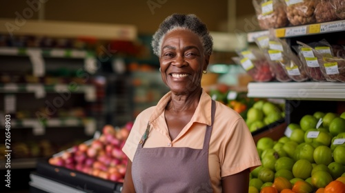 A happy middle-aged African-American saleswoman, dressed in a branded apron, looks at the camera against the background of the vegetable and fruit department in the supermarket.