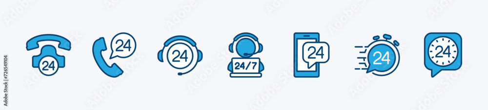 24 hours icon set. Customer service and support 24 hours a week icons. Containing assistance, help, operator, fast response, call center and technical support. Vector illustration - obrazy, fototapety, plakaty 