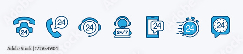 24 hours icon set. Customer service and support 24 hours a week icons. Containing assistance, help, operator, fast response, call center and technical support. Vector illustration