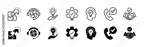 Creative business solutions thin line icon set. Containing innovation, resolve, answer, idea, creativity, problem-solving, call service support, thinking. Vector illustration