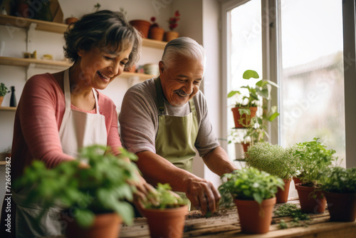 Multiracial married middle aged couple planting herbs in living room