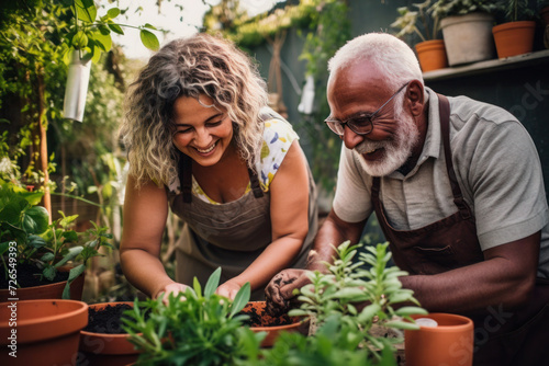 Wallpaper Mural Multiracial married middle aged couple planting herbs at the backyard Torontodigital.ca
