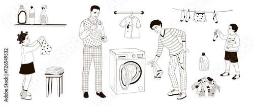 Happy parents with children Washing clothing. laundry day Family working together at home black and white vector illustration 