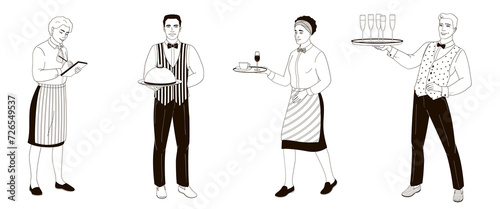 Waiter or Steward  male and female characters black and white vector illustration