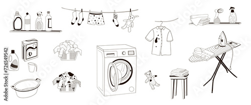 set elements about laundry and ironing at home, washing machine, dirty laundry basket, ironing board, iron, detergents, clothes black and white vector illustration