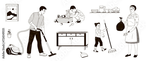Happy parents with children cleaning rooms. Family working together black and white vector illustration