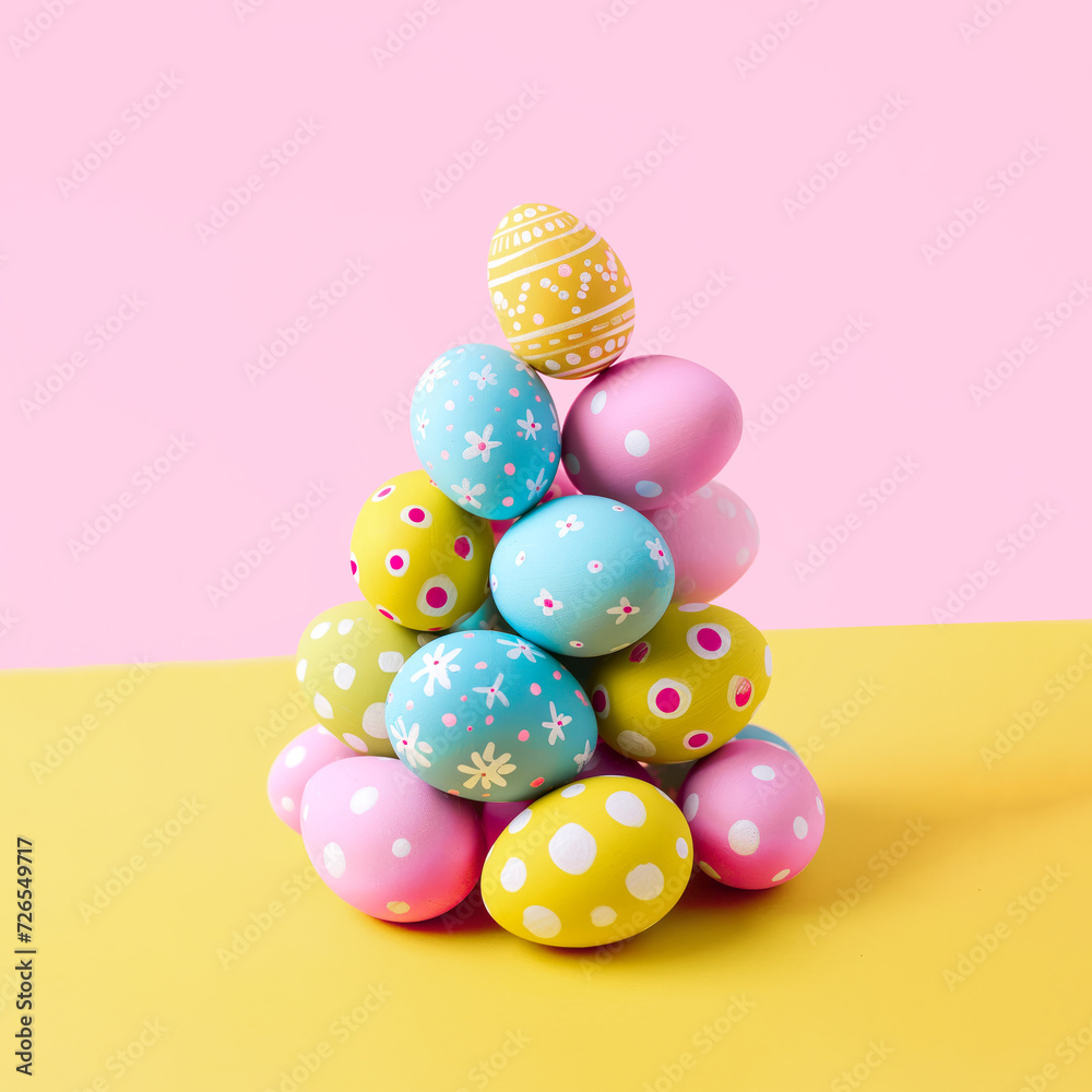Group of pastel-coloured Easter eggs piled up together on flat background.