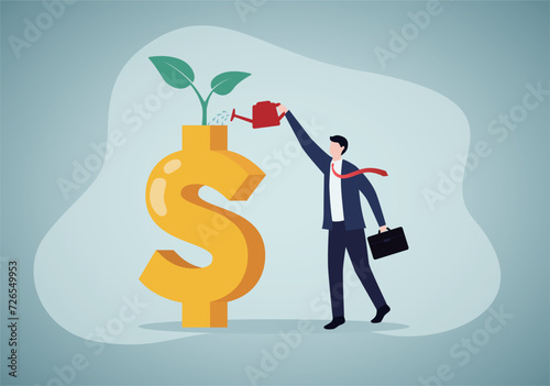 Man watering dollar sign plant as investment concept. Money growth, investment profit growth or retirement pension fund, increase in wealth and income. photo