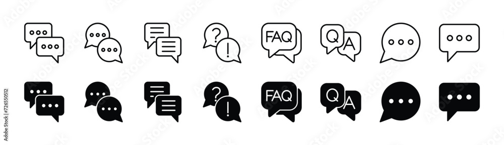 Chat thin line icon set. Containing speech bubble, message, inbox, faq, Q and A, question and answer, comment, dialogue, communication, and conversation. Vector illustration Chat thin line icon set. Containing speech bubble, message, inbox, faq, Q and A, question and answer, comment, dialogue, communication, and conversation. Vector illustration