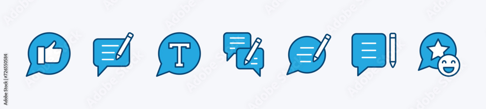 Feedback icon set. Containing write, rating, review, thumb up, chat speech bubble, taxt, satisfaction. Vector illustration Feedback icon set. Containing write, rating, review, thumb up, chat speech bubble, taxt, satisfaction. Vector illustration