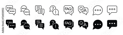 Chat thin line icon set. Containing speech bubble, message, inbox, faq, Q and A, question and answer, comment, dialogue, communication, and conversation. Vector illustration