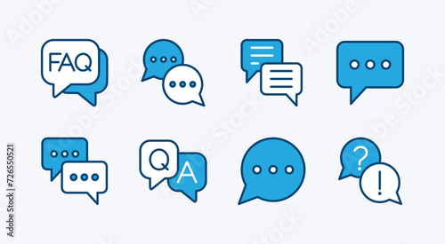 Chat icon set. Containing speech bubble, message, inbox, faq, Q and A, question and answer, comment, dialogue, communication, and conversation. Vector illustration