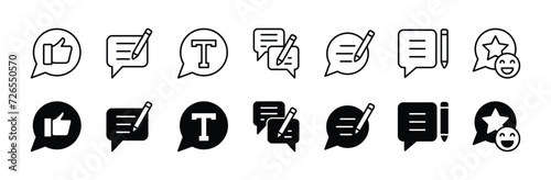 Feedback thin line icon set. Containing write, rating, text, review, thumb up, chat speech bubble, satisfaction. Vector illustration