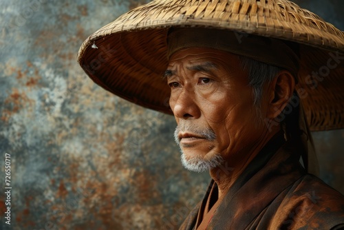 Portrait of Japanese old man in national clothes from history of Japan detailed photography texture. Japanese man. Horizontal format