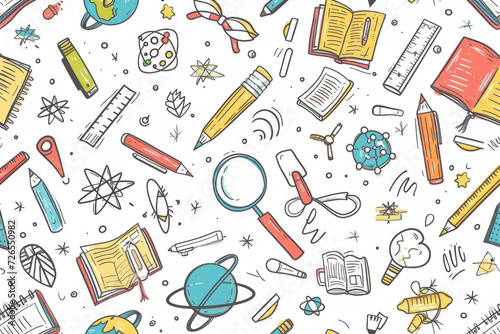 A playful and creative back to school doodle pattern with various education-related items like books, pencils, and magnifying glasses, ideal for stationery or background themes. 