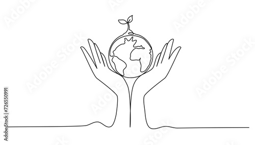 Continuous line art or One Line drawing of hand and earth, for world enviroment day concept graphic design modern continuous line drawing