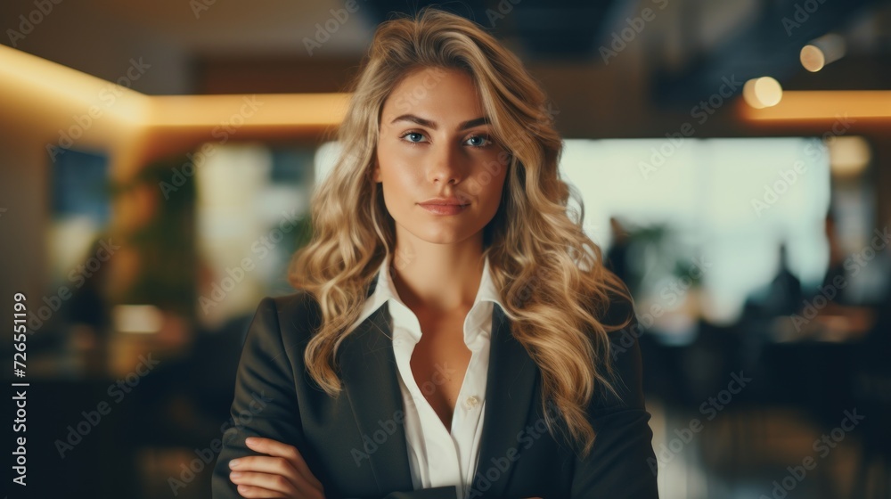 Portrait of a professional woman in a suit. Business woman standing in an office Portrait of a professional woman in a suit. Business woman standing in an office