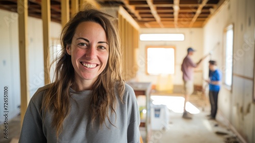Professional woman overseeing home renovation project with a smile