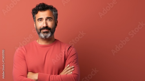 Middle age hispanic man with beard standing over isolated background