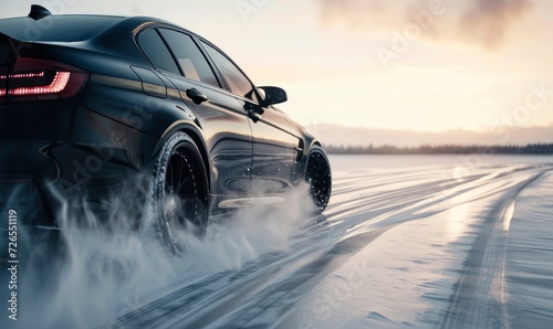 Car drifting concept on snow. Luxury cars race at high speed on snowy road